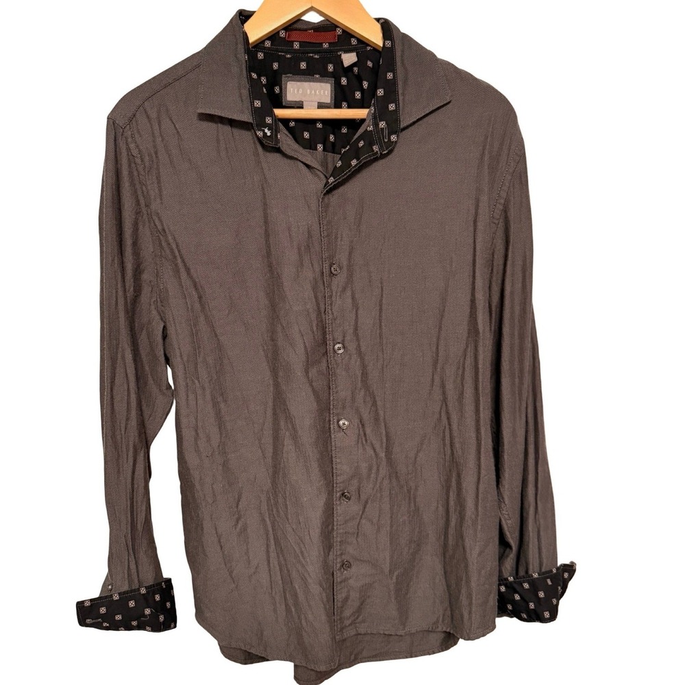 Ted Baker Button Down Shirt Large Gray Herringbone Long Sleeve Professional
